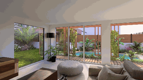 Vue depuis l’intérieur de la maison donnant sur le jardin végétalisé et la piscine du projet Siro