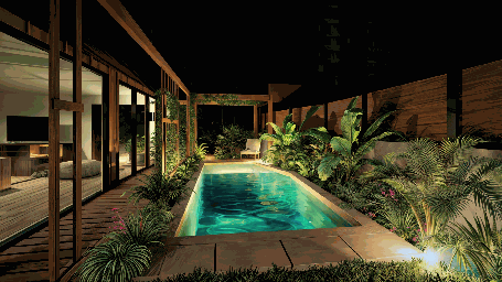 Vue de nuit du projet Siro montrant la piscine éclairée et les plantations tropicales