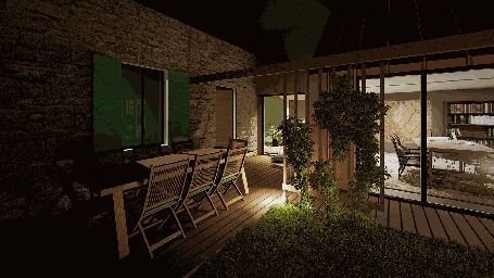 Terrasse en bois du projet Siro, espace repas extérieur avec table et chaises