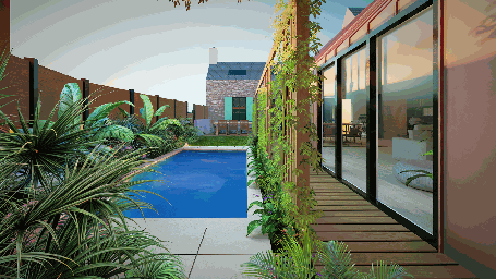 Vue du jardin du projet Siro avec piscine, pergola et plantations tropicales