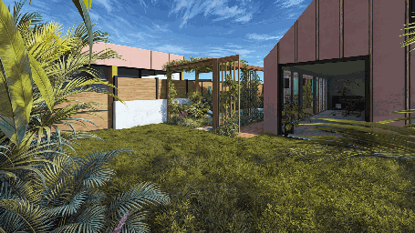 Vue extérieure du projet Siro montrant le jardin paysager et la pergola bois en journée
